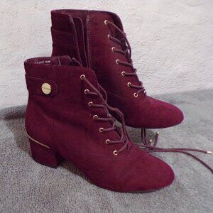 Liz Claiborne "Garret" Heeled Lace Zipper Boots Velvet Feel Burgundy 6 1/2 M